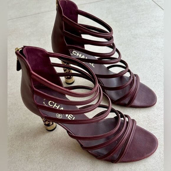 Chanel Coco Tower Cage Burgundy & Gold Sculptural Chain High Heel Sandals 38.5 - Picture 12 of 14